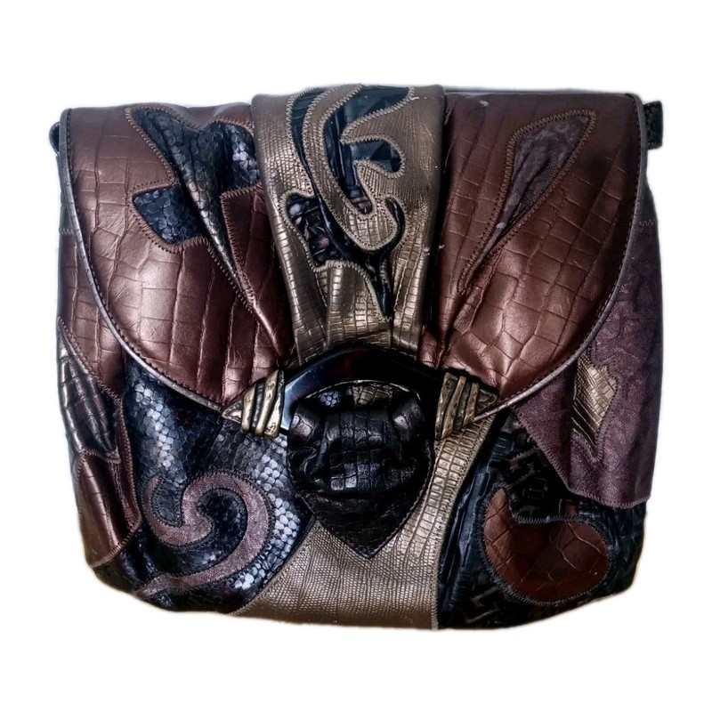 VTG Sharif EXOTIC LEATHER Snake Crossbody boho PATCHWORK copper brown bronze USA