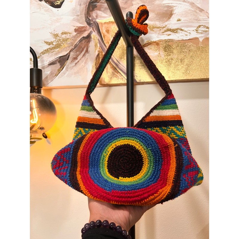 Handmade Crochet Rainbow Boho Hobo Bag Geometric Striped Zipped Shoulder Bag gallery