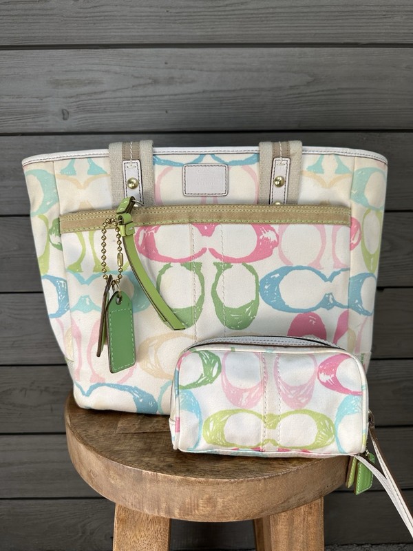 Vintage Y2K Coach SET Watercolor Scribble Hampton Tote Bag Purse & Wristlet