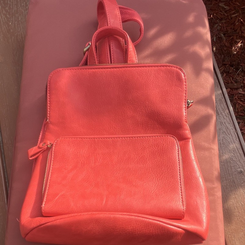 Women’s Medium Red Backpack Purse, Zip Closure, Front Pocket, Detachable Strap