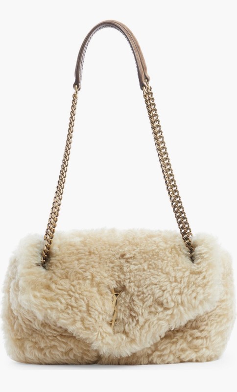 Saint Laurent Calypso Shearling & Leather-Trim Shoulder Bag Women’s Beige