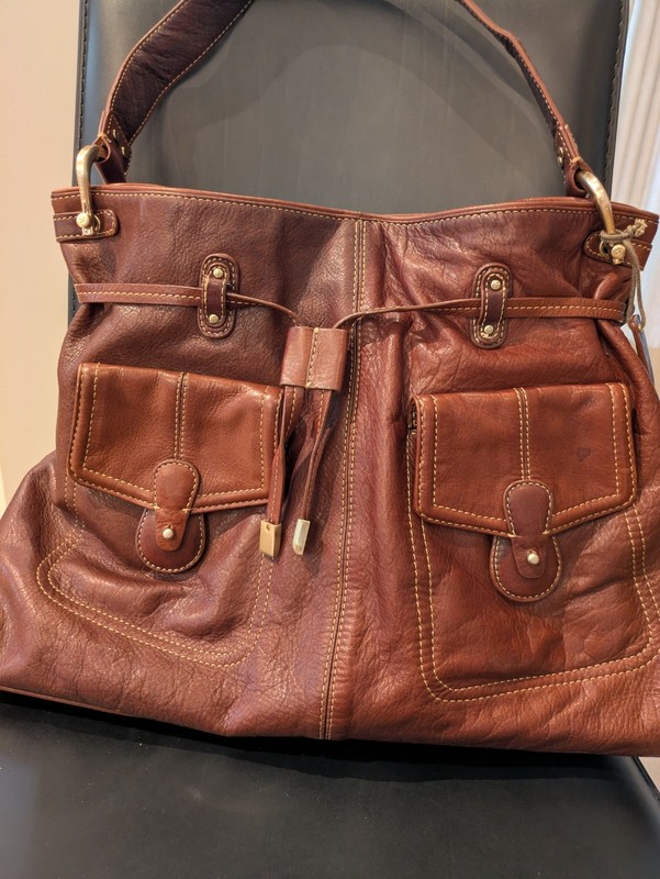 Vintage Brown Leather LIz Claiborne Satchel Bag Gold-Tone Brass Hardware