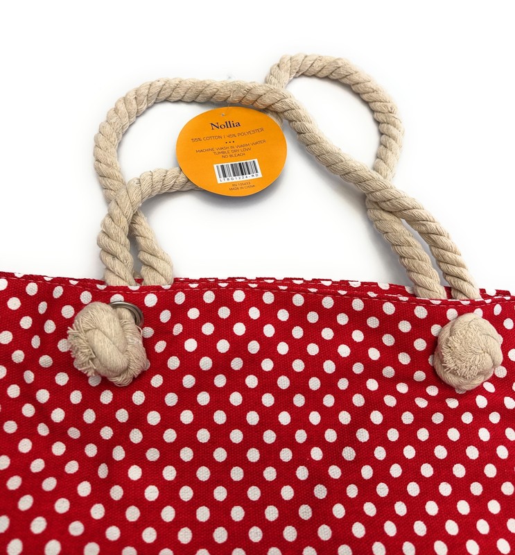 Women’s Red Polka Dot Canvas Beach Tote Bag Zipper Rope Handles Shoulder Bag gallery