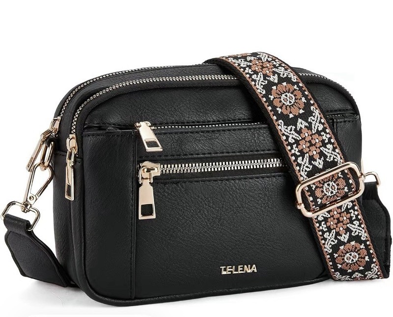 NWT Telena Black Crossbody Purse. Goldtone. Vegan. Adjustable Guitar Strap. Boho