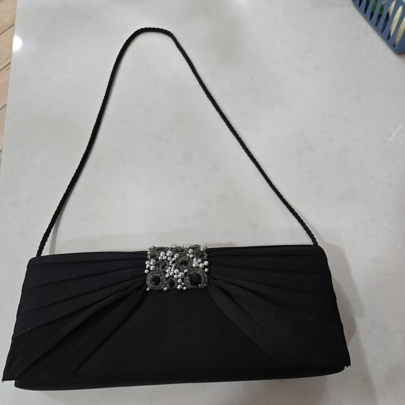 Beaded Black Satin Pleated Tuxedo Clutch Jessica McClintock Purse w/ Cord