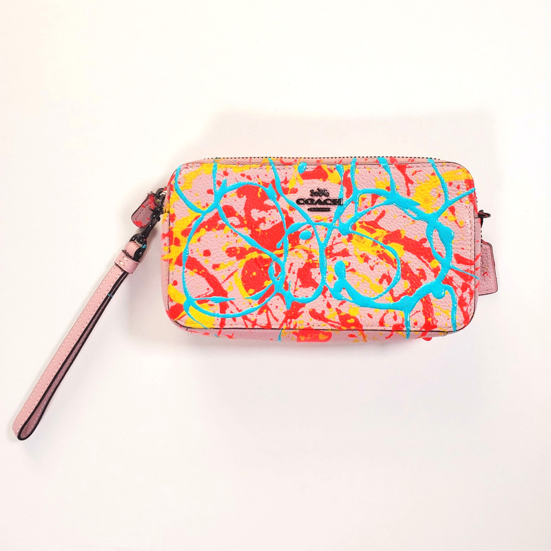 Coach Women’s Leather Clutch Soft Pink Graphic Hand Painted Wristlet “Kira”
