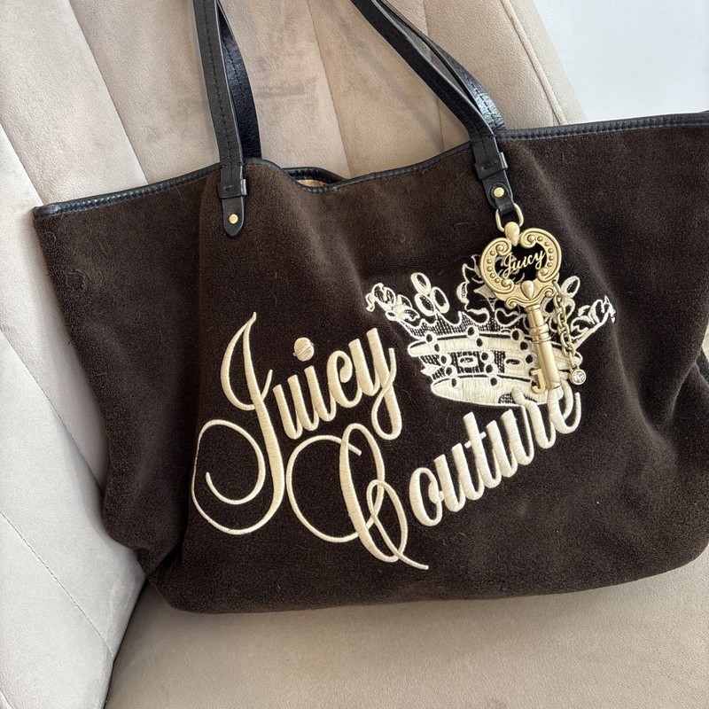 Vintage Juicy Couture Brown Terry Tote Key Charm Magnetic Close