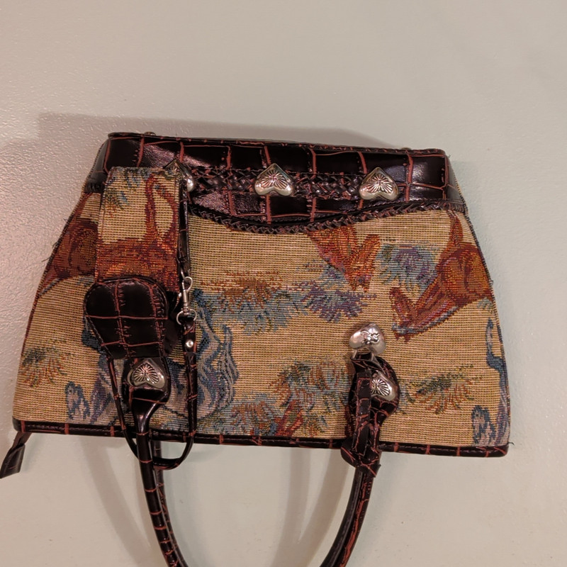 Western Horse Animal Print Tapestry Tote, Zip, Brown Trim, Heart Charm Studs