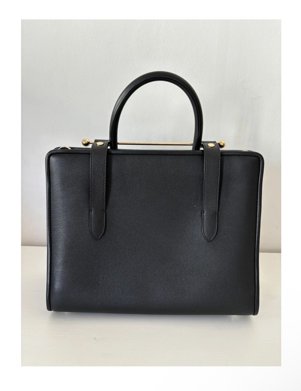 Strathberry Midi Tote Black Calf Leather Handbag Gold Bar Excellent Condition