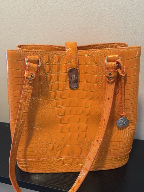 Brahmin Flora Mango Orange Melbourne Croc Embossed Leather Shoulder Bag Purse