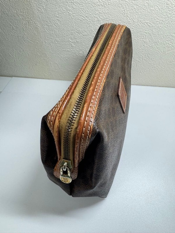 CELINE Macadam Triomphe PVC Leather Cosmetic Vanity Pouch Brown Makeup Bag Women gallery