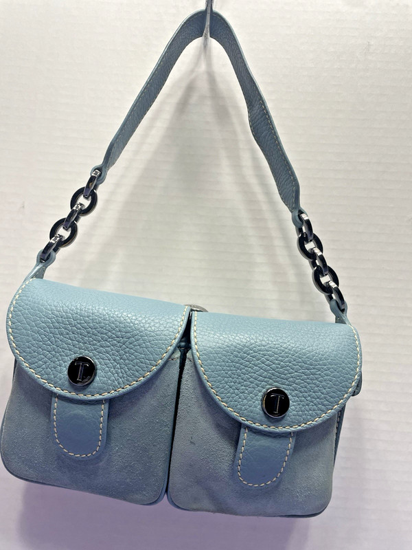 Tod’s small sky blue pebbled leather bag double outside pockets Made in Italy