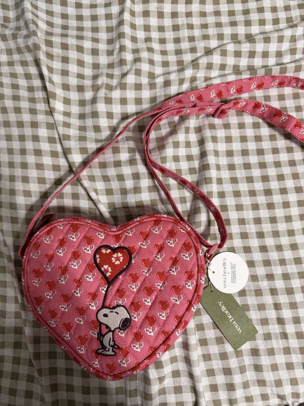 Vera Bradley Peanuts Snoopy Pink Heart Quilted Zip Crossbody, Adjustable Strap