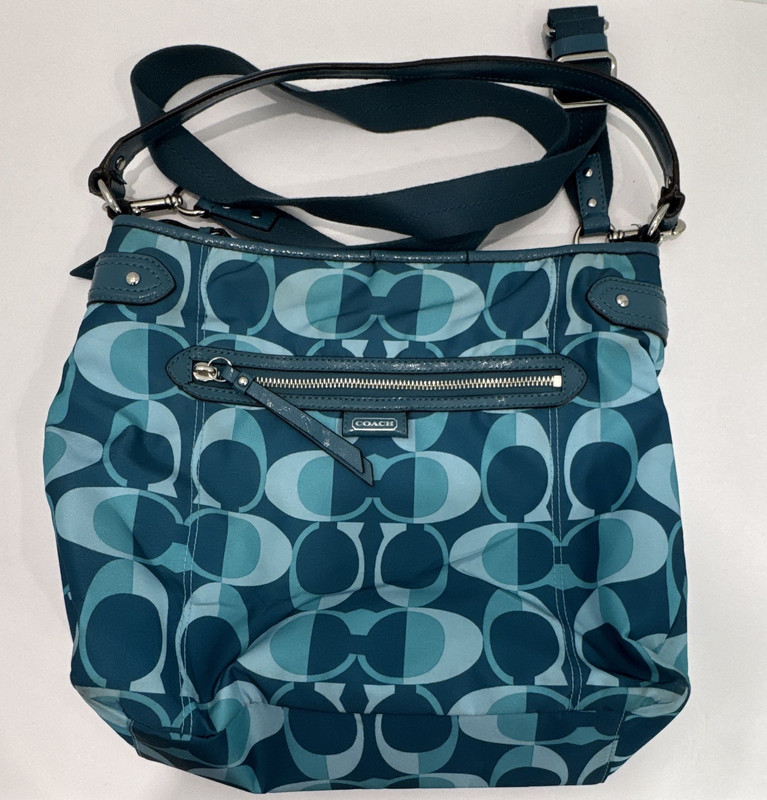 Coach Blue/Teal Signature Logo Crossbody Zip Bag w/ Pockets, Detachable Strap