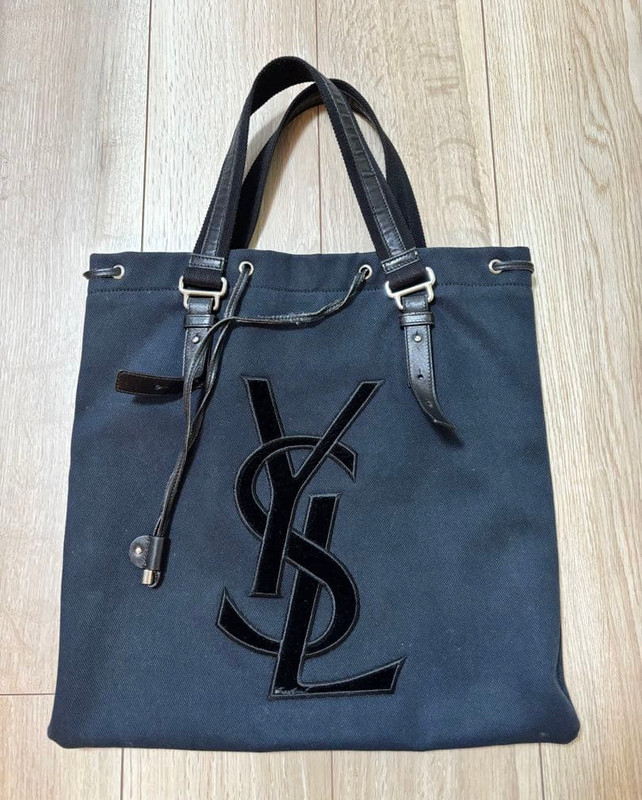 [Exc+4]Yves Saint Laurent rive gauche KAHALA Canvas Leather Black/Navy Tote Bag