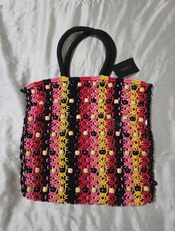 NWT Forever 21 100% Cotton Striped Colorful Beaded Crochet Tote Hand Bag Purse