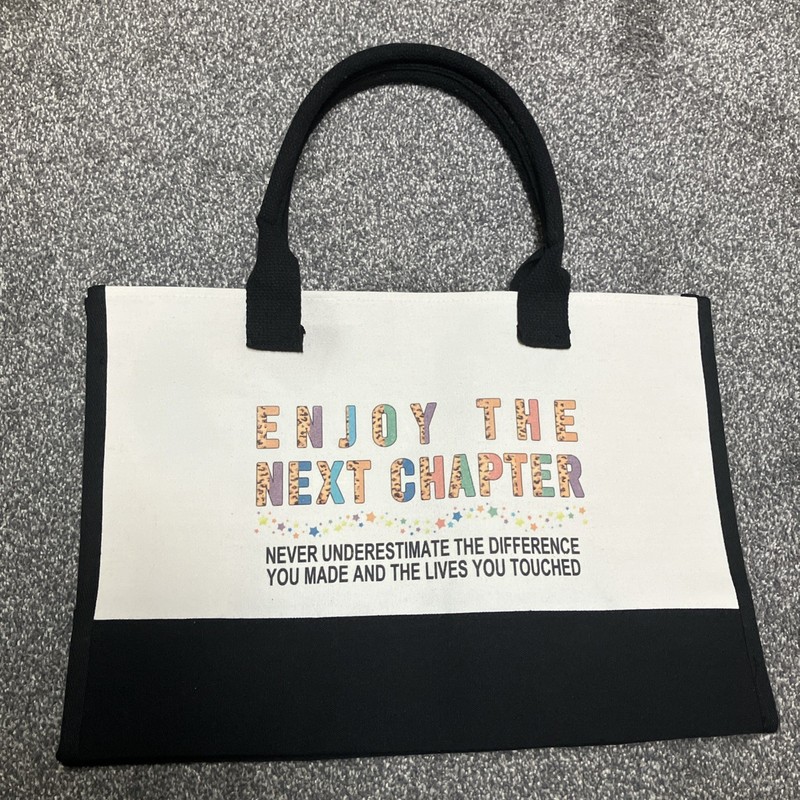 “Enjoy The Next Chapter” Retirement Tote Bag Beige Black “Never Underestimate”
