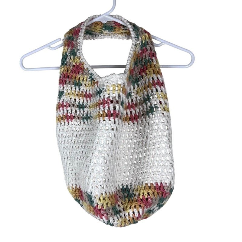 Crochet Tote Bag Colorful Striped Shoulder Bag Handmade Knit Boho Chic