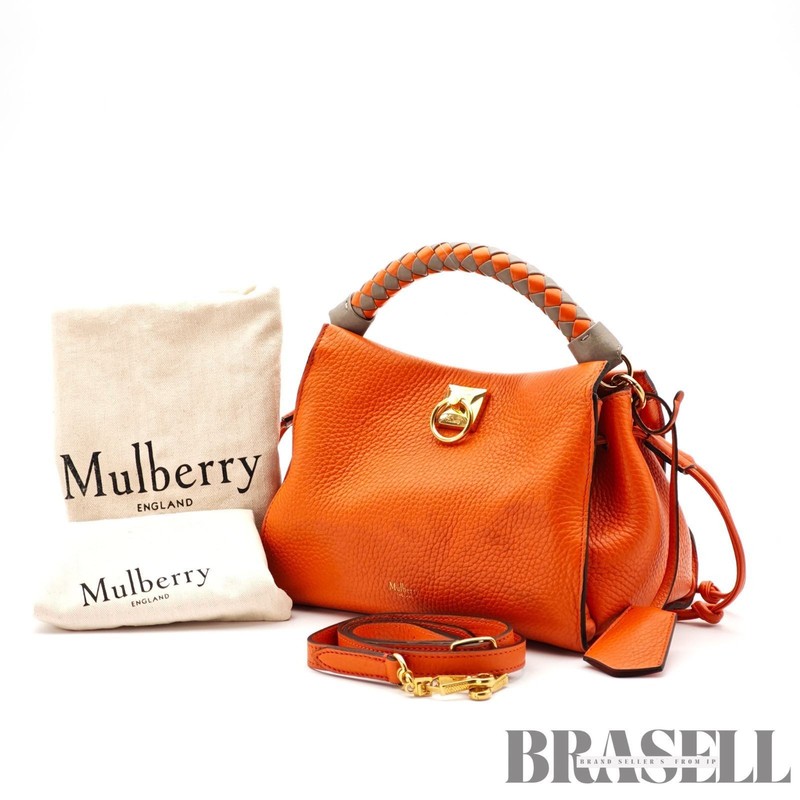 Mulberry Small Iris 2-Way Handbag Shoulder Bag Orange Women’s Dust Bag Name Tag