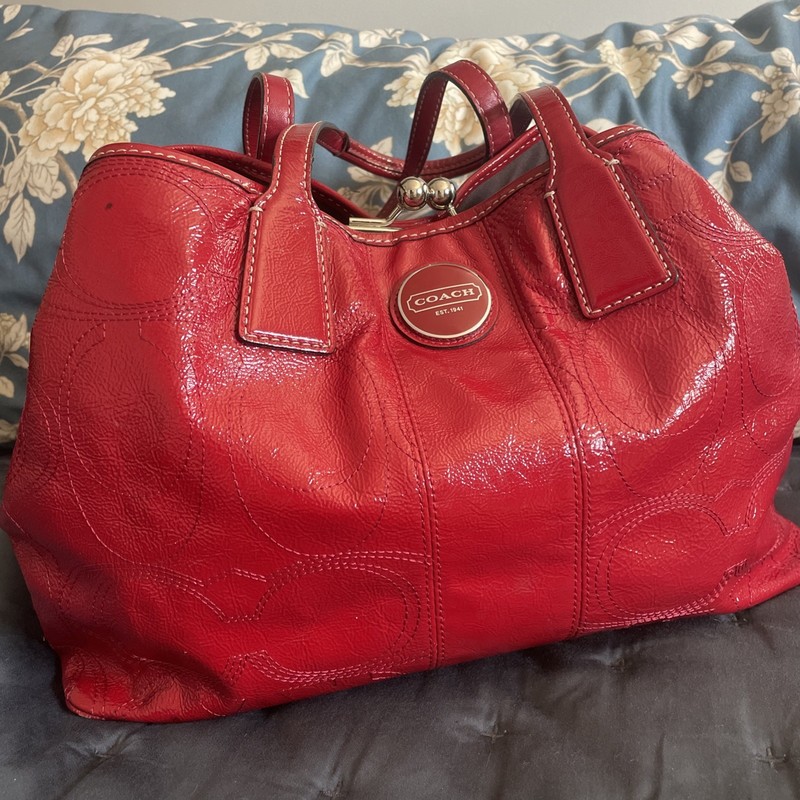 Coach Shoulder Bag G1098-F15658 Red Patent Leather C-Stitch Patt Double Handle