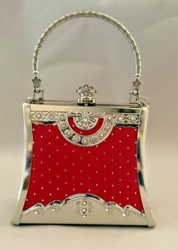Elegant Red & Silver Tone Evening Bag Top Metal Handle Crystal Embellished 5in
