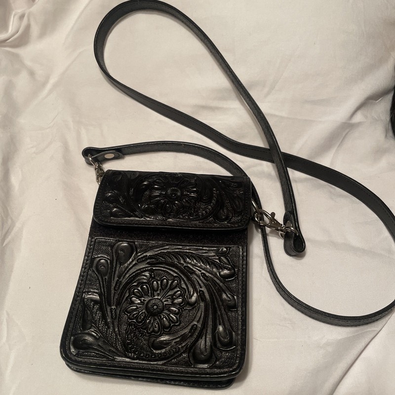 Hand Embossed Black Leather Hand Bag With Hook And Loop Closure
