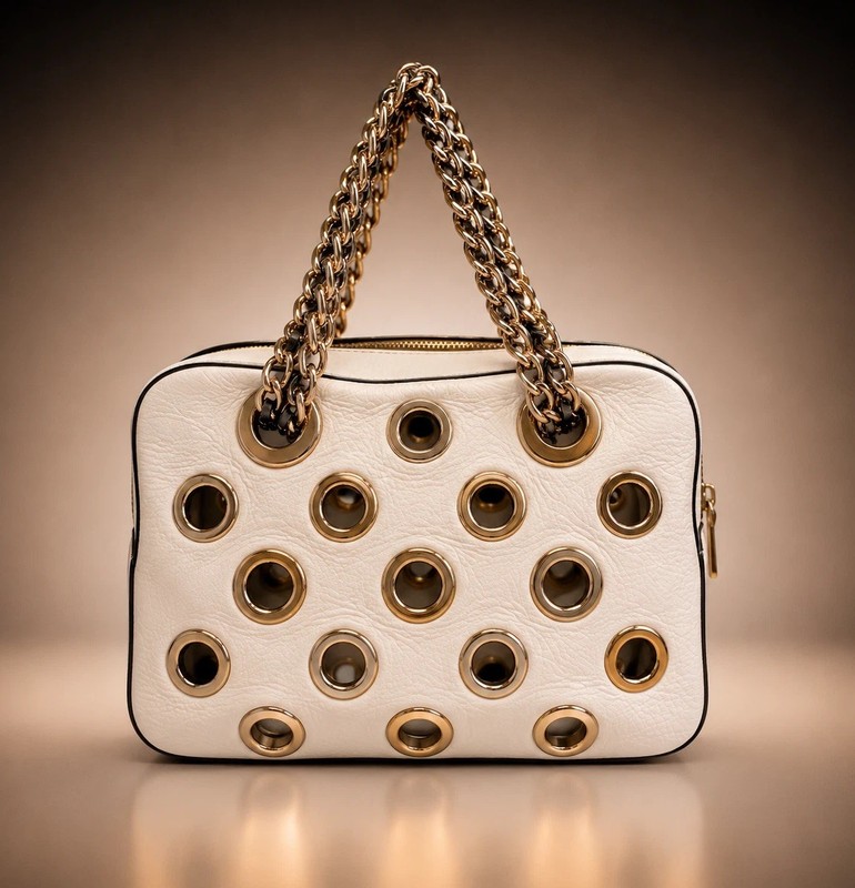 New Prada White Satchel Bag with Grommet & Chain Accents-originally $2600 W/tags