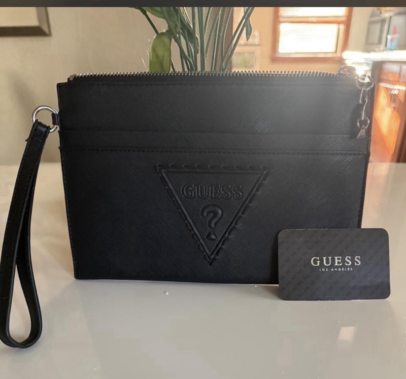 GUESS Black Zip Wristlet Clutch Logo Zipper Inner Pockets Silver Hardware