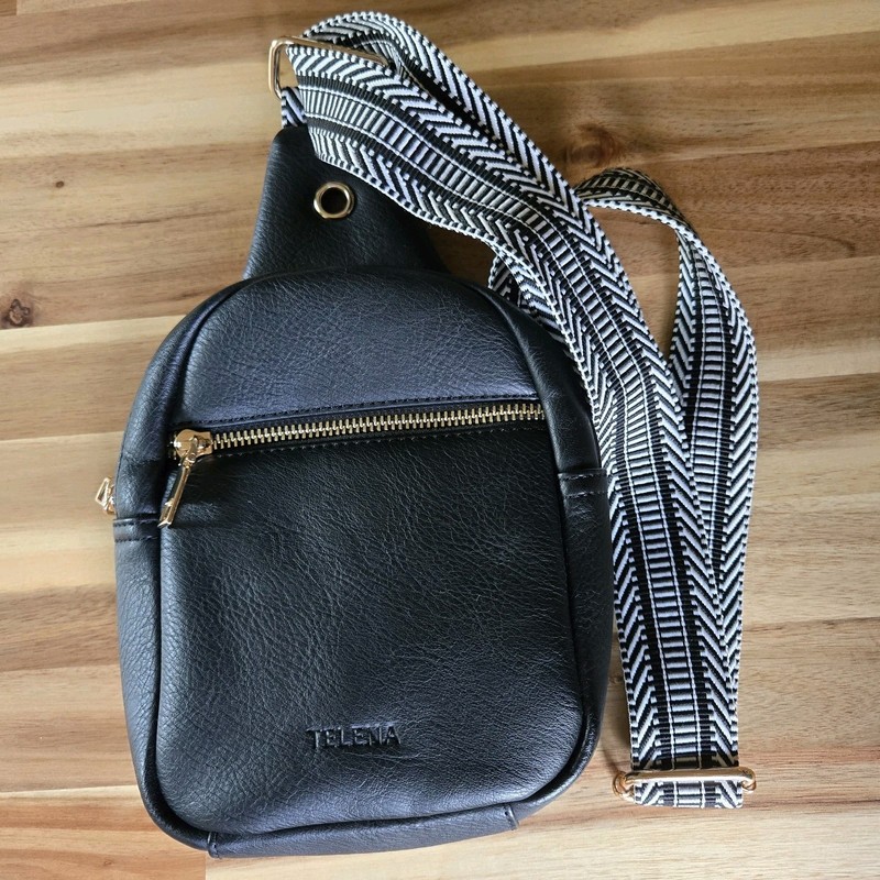 Telena Small Crossbody Sling Bag Black/White Adjust Strap Zip Pockets Gold Tone
