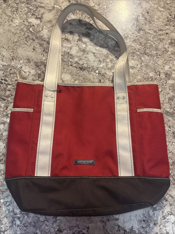 Lands’ End Heavyweight Nylon Boat Tote Bag Dark Red/Cream Brown Bottom 16x13x5”