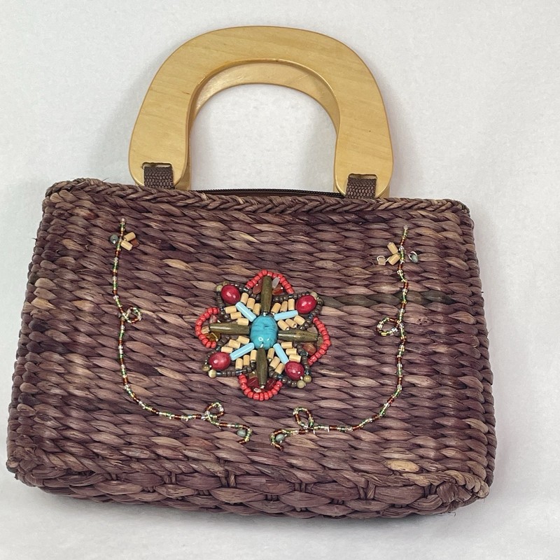 Rattan Handbag Beading Wooden Handles Southwest 11” X 8” X 4” Boho Western