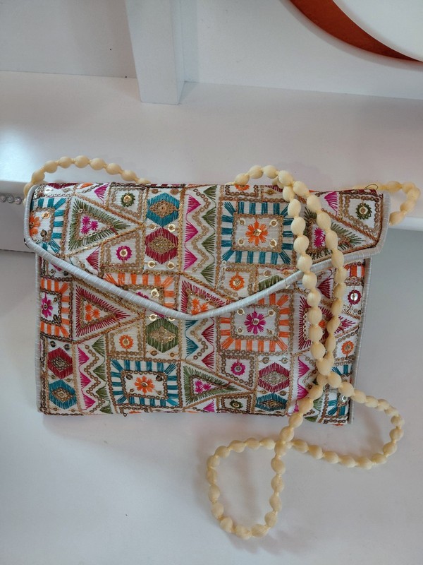 Gold with Multi Color Floral Embroidery Envelope style Crossbody Purse