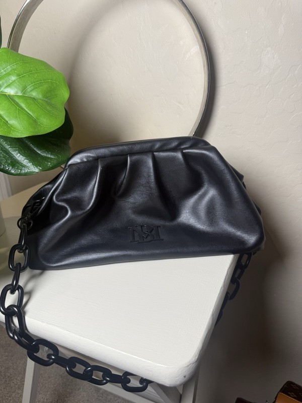 Women’s Black Pleated Shoulder Bag Clutch, Small, Matte, Chain Strap, Logo gallery