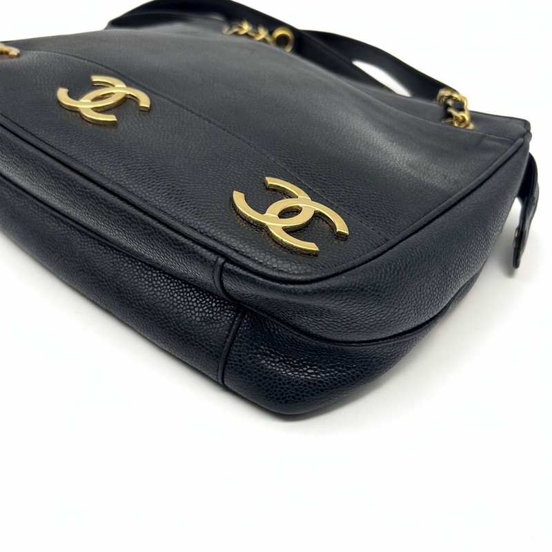 CHANEL Black Caviar Leather Triple CC 6 Logo Tote Bag Gold Ball Hardware Used gallery