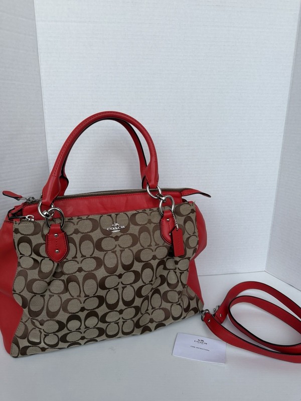 Coach Signature Logo Satchel Top Handle Bag Zip Closure Detachable Strap Red