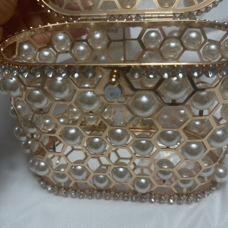 Lustrous White Pearl Beaded Honeycomb Cage Bag - Stunning Statement Bucket Clutc gallery