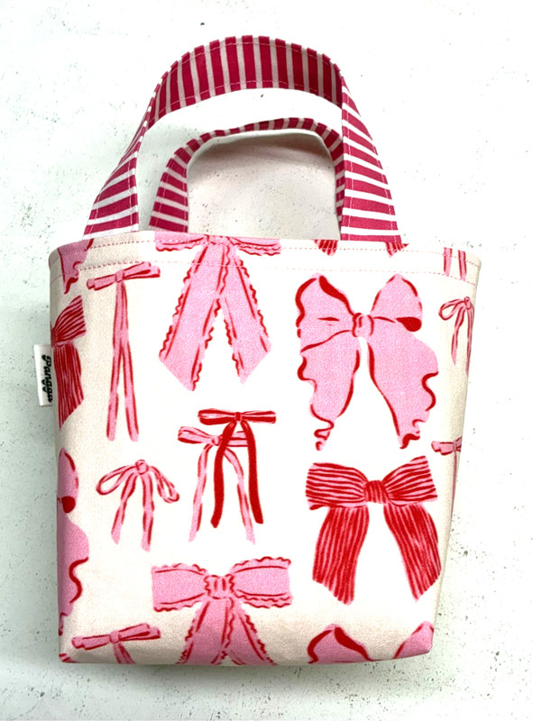 Handmade Fabric Lined Mini Tote Bag/Gift Bag White With Pink Ribbon Print New