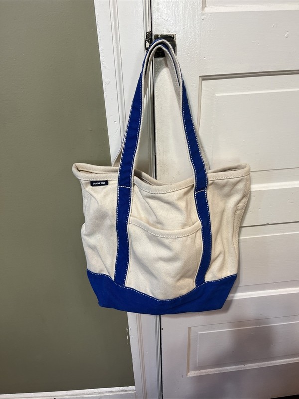 Lands End Canvas Tote Bag Cream Royal Blue Open Top Beach Nautical Pockets (B)
