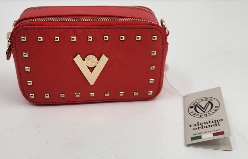 NEW Valentino Orlandi Red Studded Pouch Bag V-3003 Gold Zippers Italy Designer