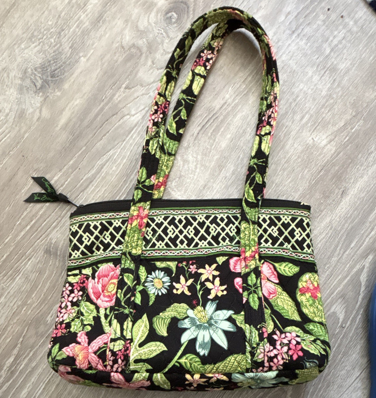 Vera Bradley Small Floral Tote Bag Black/Green/Pink Zip Inner Pockets Pouch