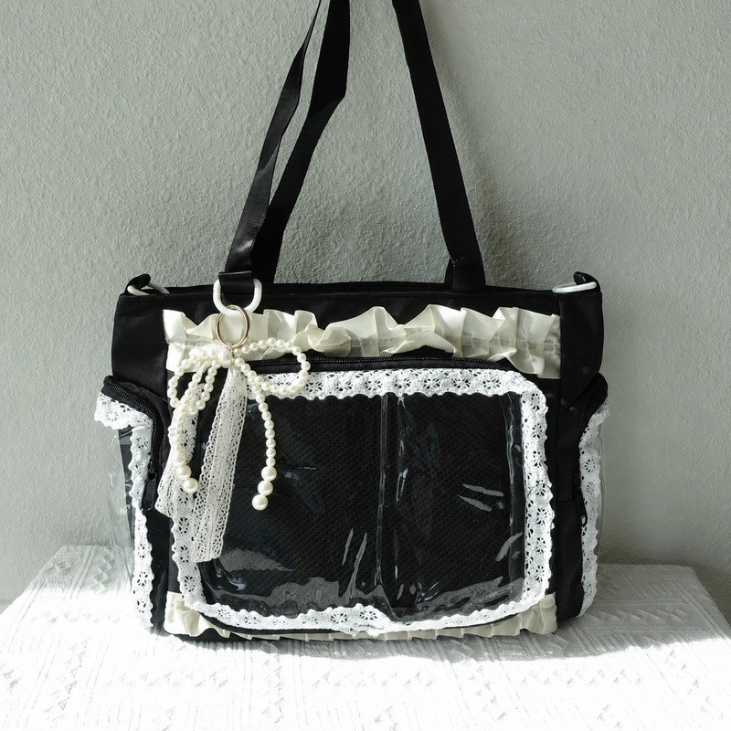 BLACK Lace Ita Bag Crossbody, Kawaii Pearl Bow Shoulder Bag Y2K Messenger Itabag