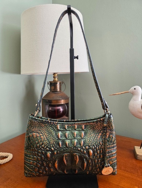 Brahmin Anytime Mini Samba Melbourne Croc Embossed Leather Shoulder Bag Green