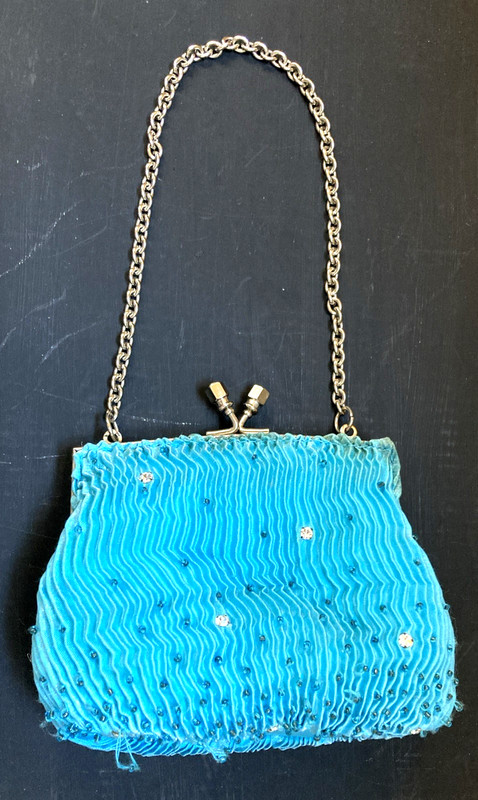 Vntg Jessica McClintock 5"x4" Blue Silver Bead Snap Closure Wristlet Purse A2 gallery