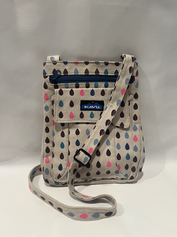 KAVU Raindrop Pattern Crossbody Purse Bag 4 Pocket Organization – Gray Blue Pink