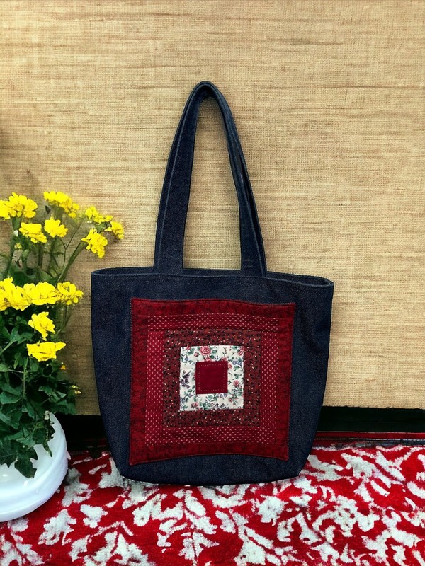 Dark Blue Denim Jean Tote Back With Red Patchwork Quilt Pouch Lined 22″X14″X 3″