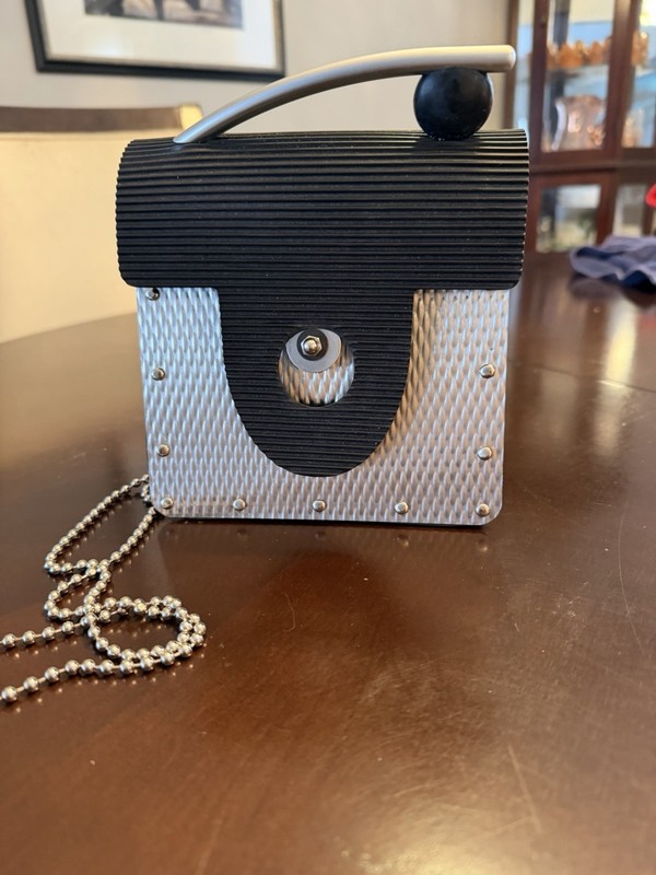 VINTAGE BLACK RUBBER AND STAINLESS STEEL CROSSBODY BAG BY DESIGNER GLORIA GERBER