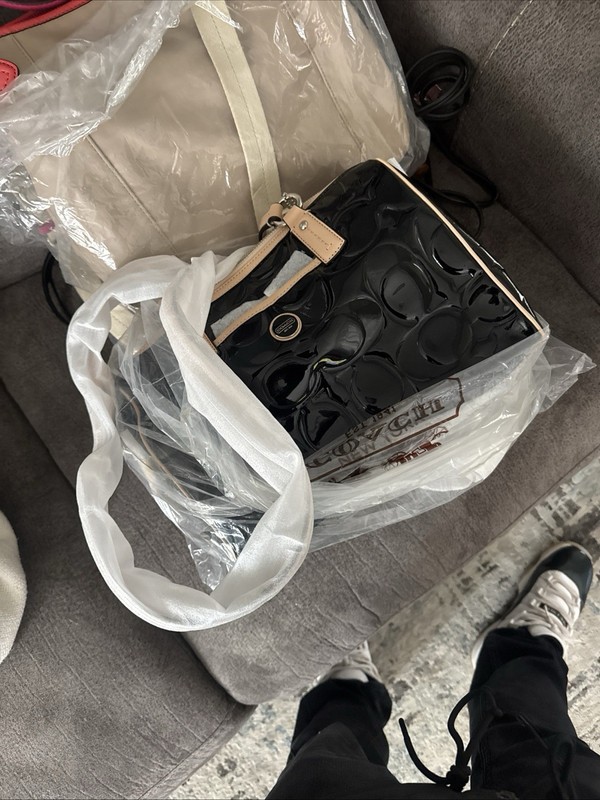 Coach Handbag Peyton Embossed Patent Satchel F20065 Black Tan Gorgeous!!!!