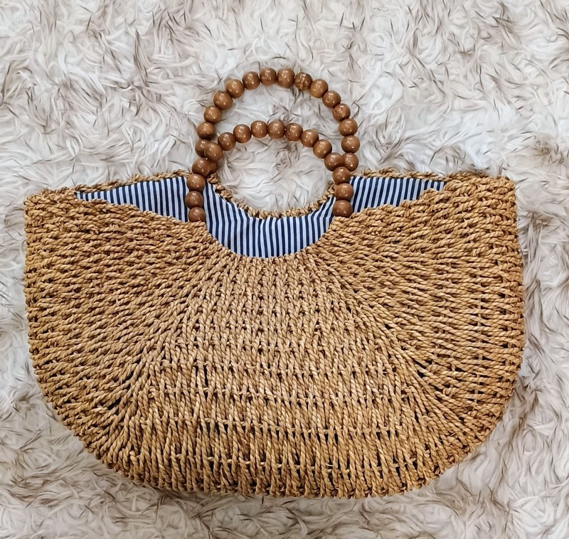 Large Woven Straw Rattan Beach Bag Tote Purse Half Moon Wood Bead Handle Lined