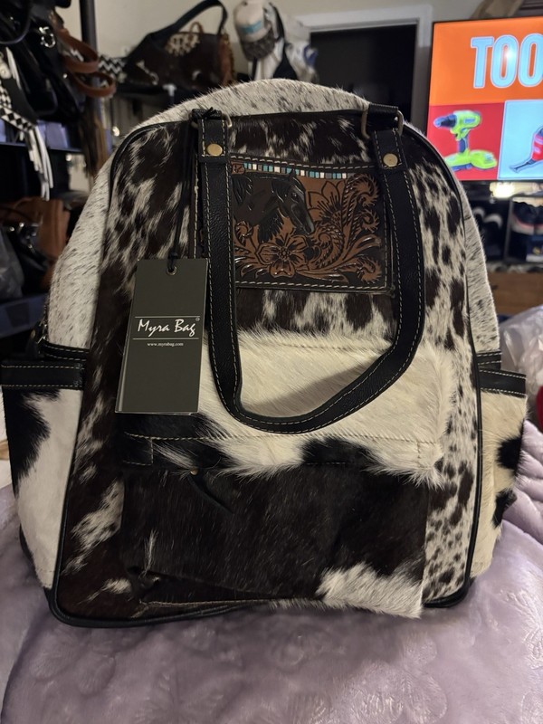 Myra Bag Western Medium Black & White Cow Print Backpack Zip, Lined, Pockets