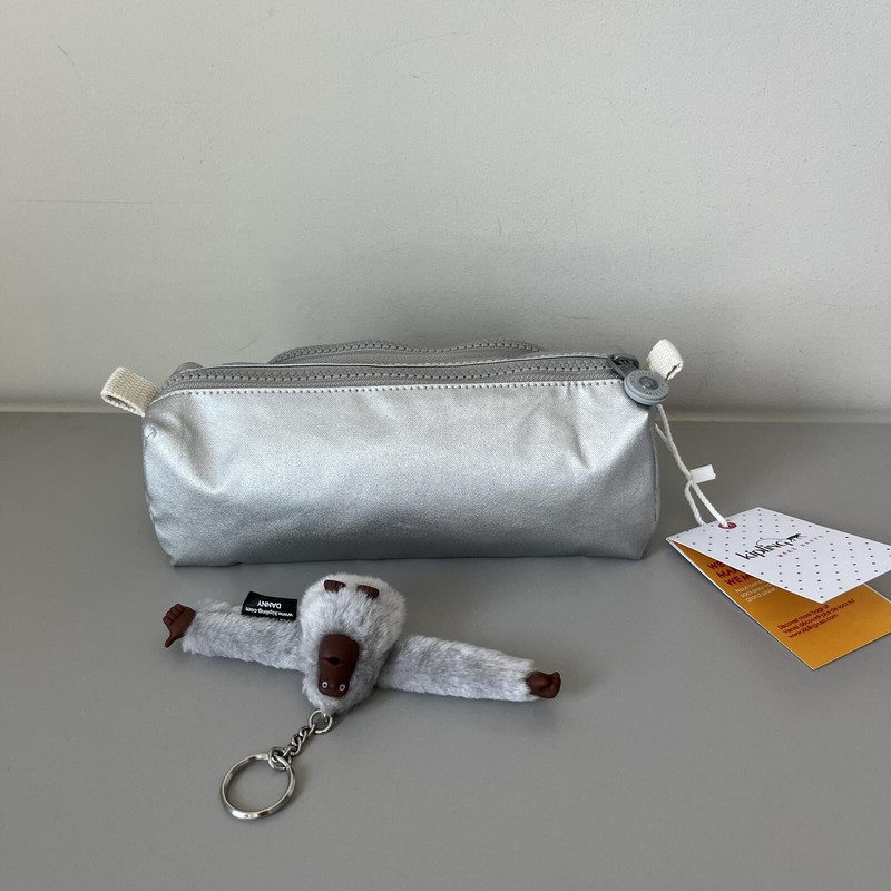 Kipling Cute Pencil Pouch Metallic Silver with Monkey Charm NWT gallery